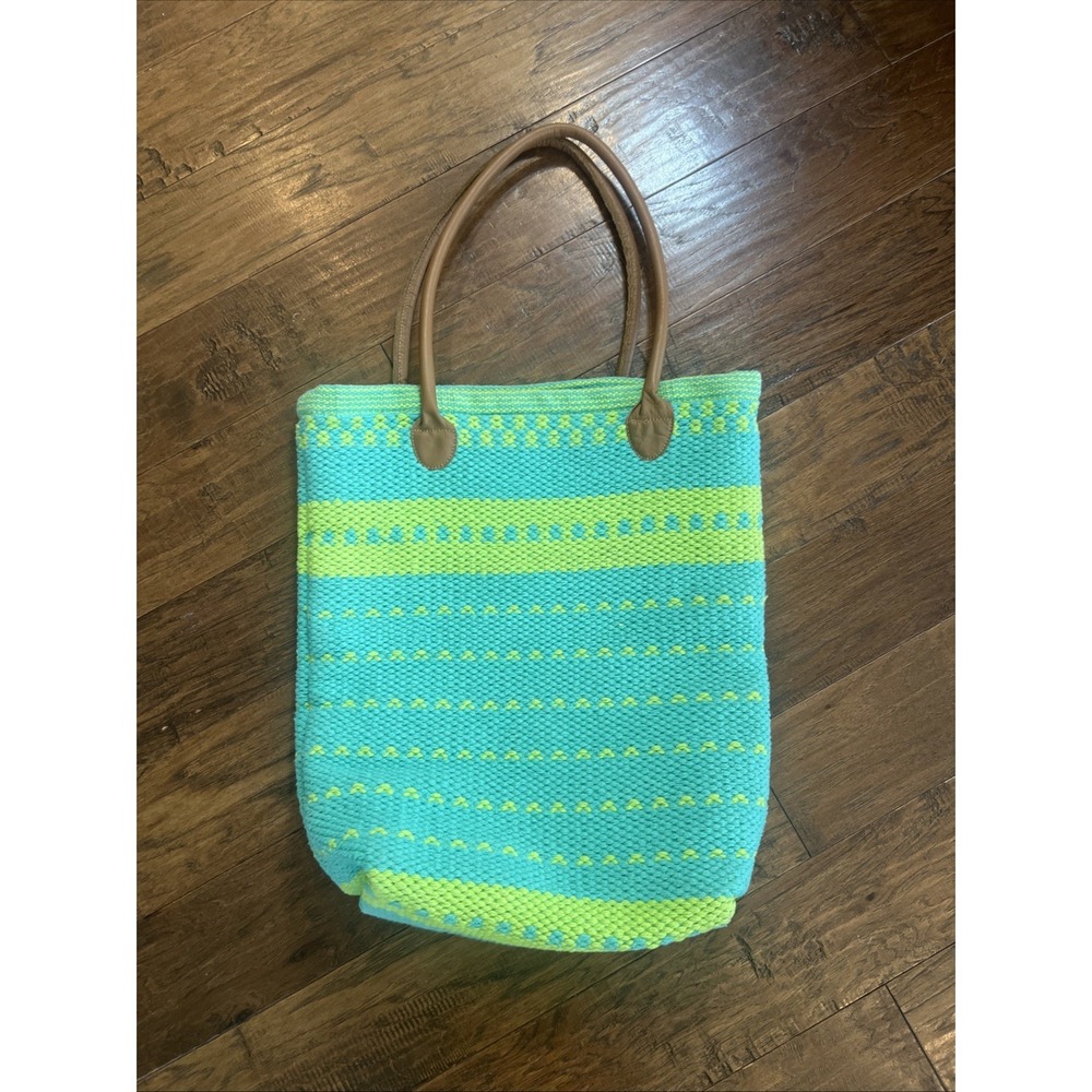 The Company Store Boho Woven Large Tote Bag Seafoam/Lime